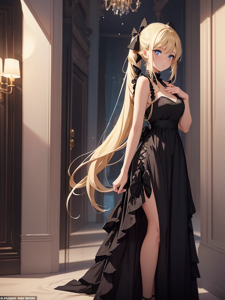 an adult girl, She has two pigtails falling over her shoulders, decorated with black ribbons, SHE HAS BLONDE HAIR, blue eyes and a very elegant and very long black dress for a gala dinner with a cut that allows her to show her leg, wears beautiful evening makeup, He is at a gala party having a glass of champagne, full body image