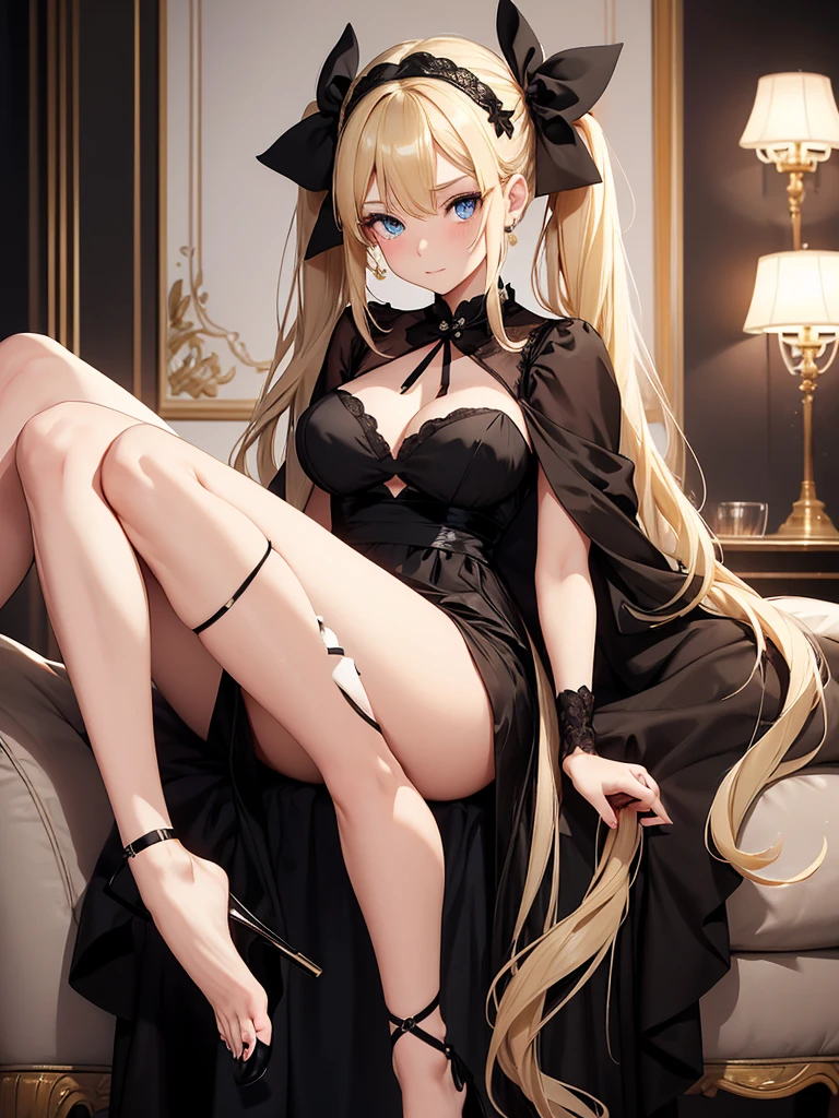 an adult girl, She has two pigtails falling over her shoulders, decorated with black ribbons, SHE HAS BLONDE HAIR, blue eyes and a very elegant and very long black dress for a gala dinner with a cut that allows her to show her leg, wears beautiful evening makeup, He is at a gala party having a glass of champagne, full body image