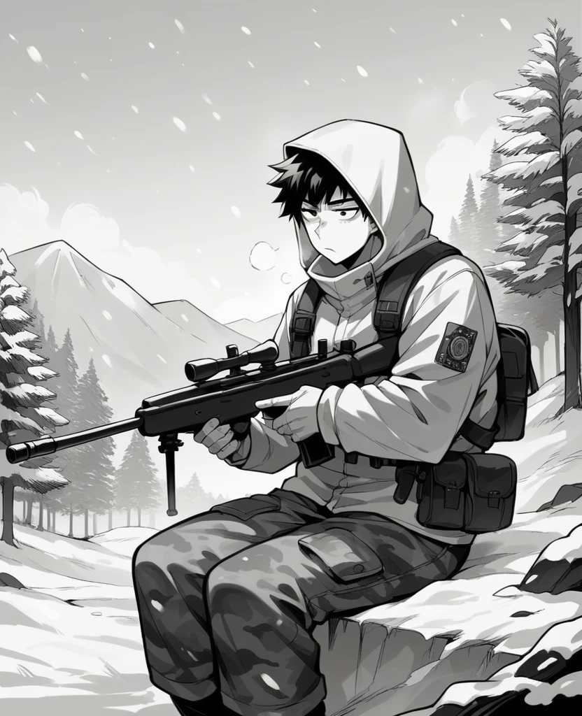  boy, short black hair, stylized eyes, wearing military snow camouflage clothing, wearing white hood, holding a sniper rifle, with a cold and calculating face, with a sitting position in the snow, Snowing scenery. Monochrome manga style art.