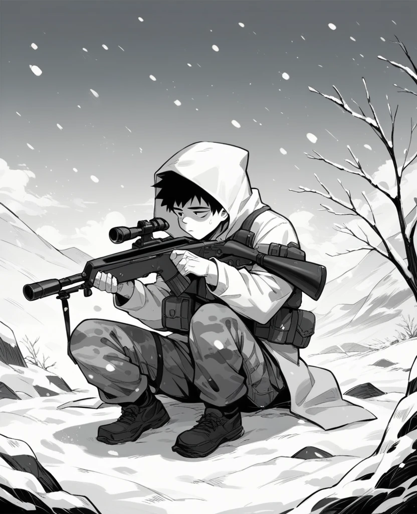 Teenage boy, short black hair, stylized eyes, wearing military snow camouflage clothing, wearing white hood, holding a sniper rifle, with a cold and calculating face, with a sitting position in the snow, Snowing scenery. Monochrome manga style art.