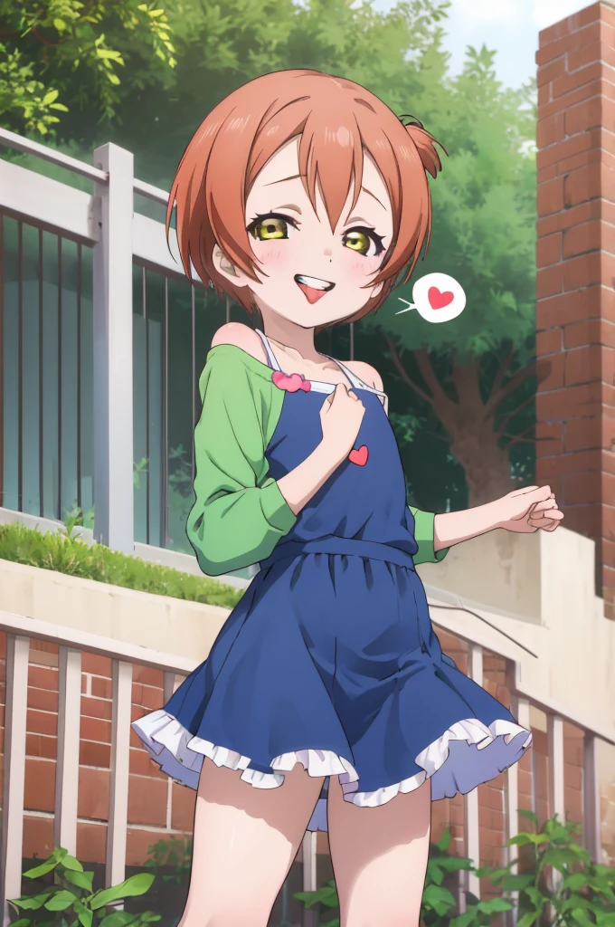 ,girl,happy,smile,,rin hoshizora ,open mouth,,looking viewer,,spoken heart,6yo,(ite),flat chest,grin,outdoor,socks,,,tongue out