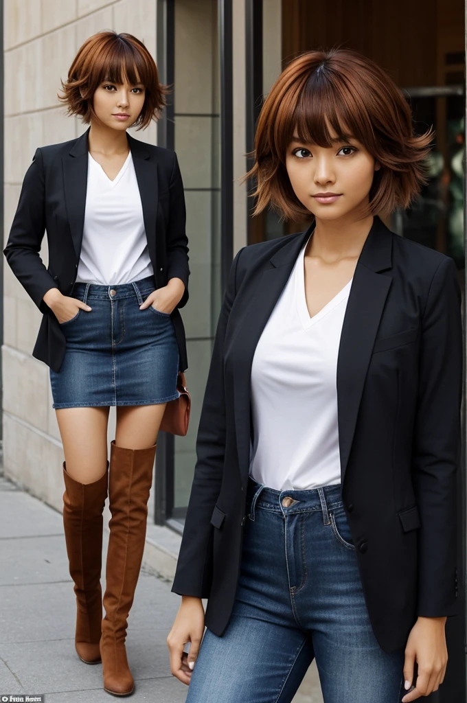 height: Nobara is of average height, about 1.65 meters (5'5").
Physicist: She is slim and athletic, with a curvy figure.
Hair: His hair is deep orange and short., with straight bangs and layered hairstyle.
Eyes: His eyes are dark brown and almond-shaped., with an intense and penetrating look.
fur: His skin is light and tanned..
outfit: Nobara usually wears a standard , which consists of a white shirt, a black jacket and a navy pleated skirt. He also wears a pair of black knee-high boots and a red tie.. In special occasions, can wear more casual clothes, like a graphic t-shirt and jeans. Dreams Harper make it less real