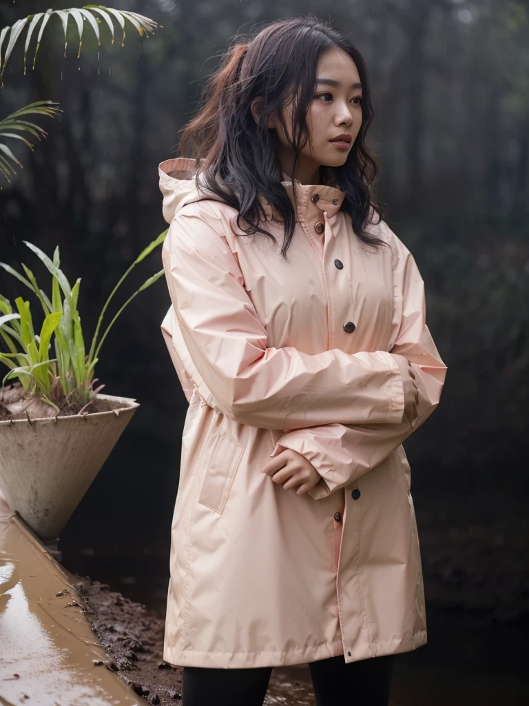 a beautiful young asian woman wearing a pink buttoned raincoat, her clothes and raincoat covered in mud, walking through a muddy field, (best quality,4k,8k,highres,masterpiece:1.2),ultra-detailed,(realistic,photorealistic,photo-realistic:1.37),HDR,UHD,studio lighting,ultra-fine painting,sharp focus,physically-based rendering,extreme detail description,professional,vivid colors,bokeh,portrait,realistic,photographic,natural lighting,muddy environment,rainy day