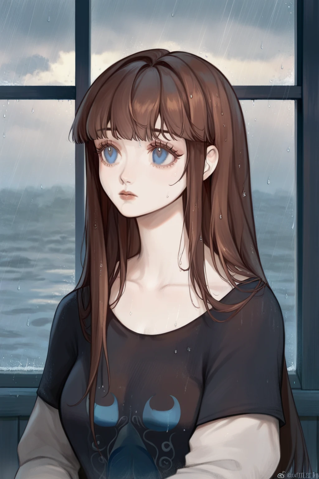 1 girl, CuteStyle, upper body, blue eyes, long hair with bangs, brown hair, looks away, sits on the windowsill, cloudy weather, black clouds, rain outside the window, water drops on the window, gray shades, dressed in a black T-shirt, big hips, sad look, red tulle, detailed, beautiful, delicate tones