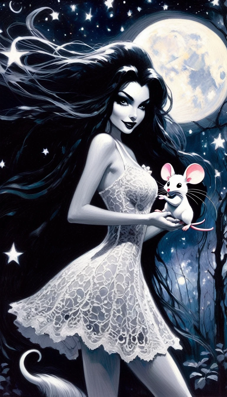 magical girl and her pet mouse, very long black hair, very sexy lace dress, naked sinister forest, magic, fantastic, night sky, moons, stars, background, nsfw, face full week, week in face, week in body, all week full, smile, (art inspired by Bill Sienkiewicz). oil painting) black and white image
