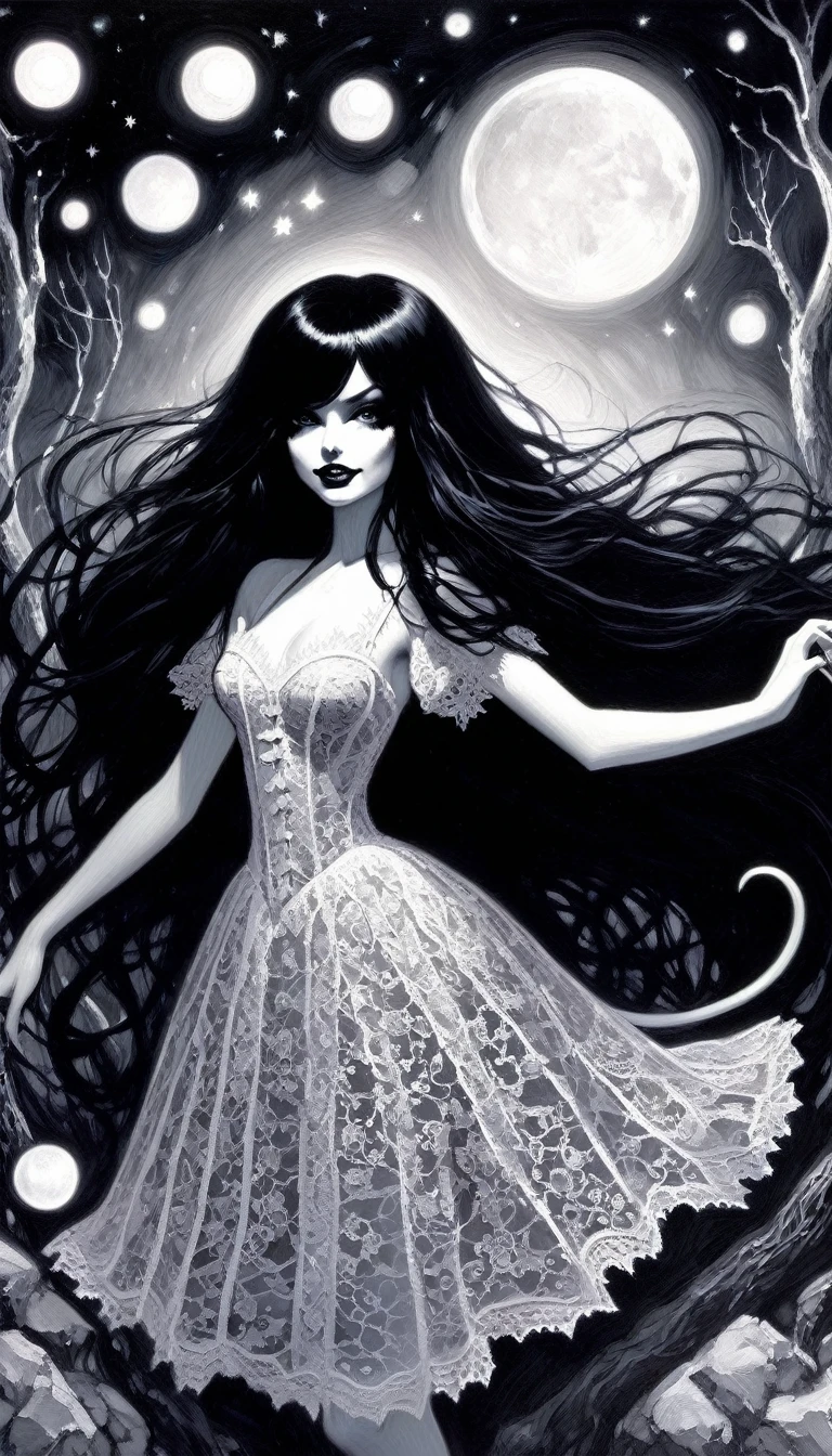 magical girl and her pet mouse, very long black hair, very sexy lace dress, naked sinister forest, magic, fantastic, night sky, moons, stars, background, nsfw, face full week, week in face, week in body, all week full, smile, (art inspired by Bill Sienkiewicz). oil painting) black and white image