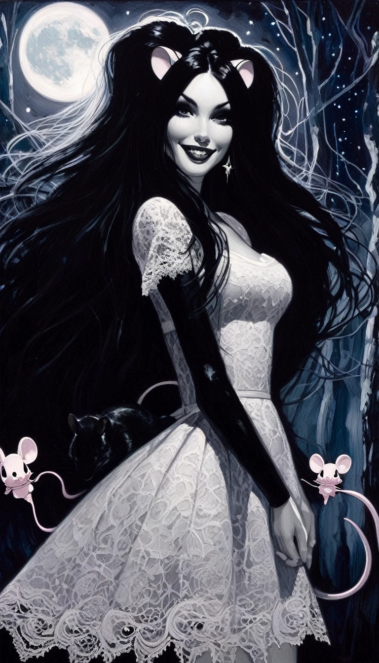 magical girl and her pet mouse, very long black hair, very sexy lace dress, naked sinister forest, magic, fantastic, night sky, moons, stars, background, nsfw, face full week, week in face, week in body, all week full, smile, (art inspired by Bill Sienkiewicz). oil painting) black and white image
