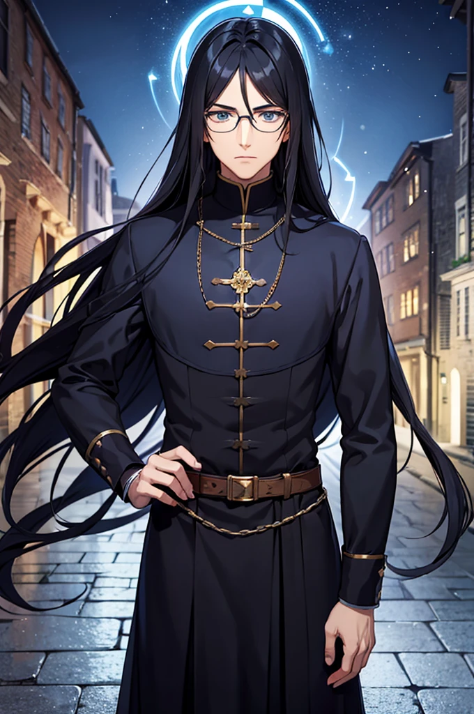 Man with glasses, magician with long black hair, dark blue eyes, wears blue with black magician clothes, young magician, intellectual, cold personality, medieval city background.