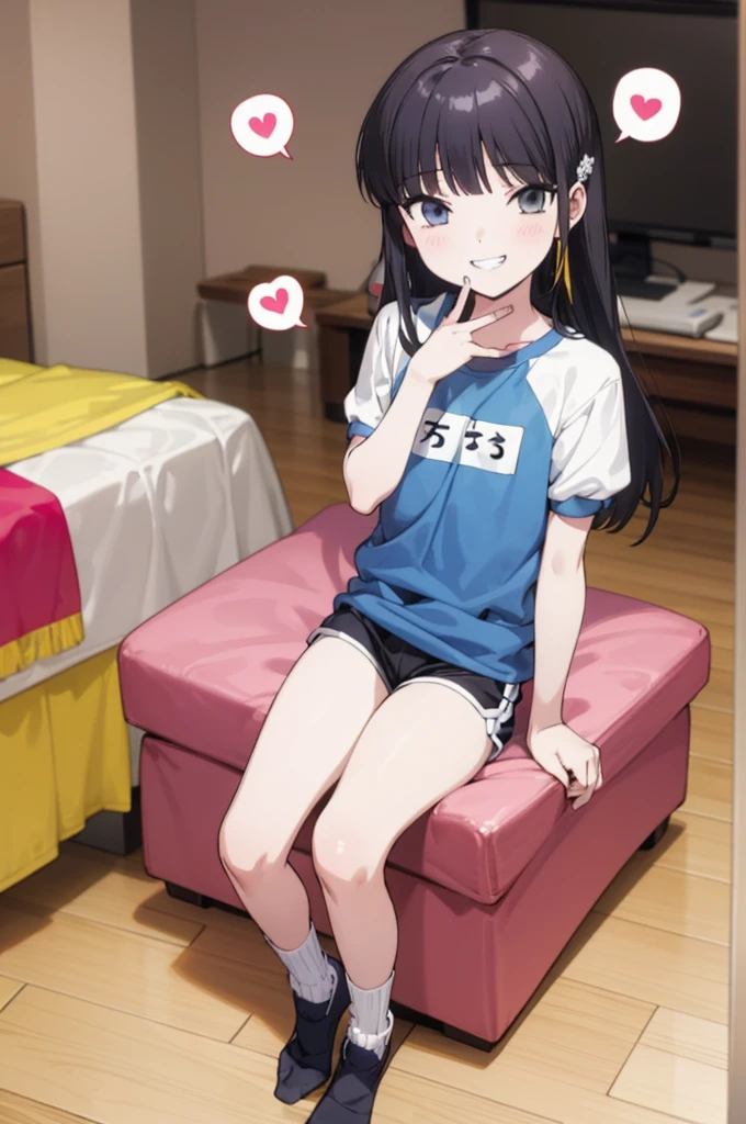 solo, 1girl, looking at viewer, , miyuki shiba, , , looking at viewer, smile,,,spoken heart,,(petite),flat chest,grin,my room,socks,gym shorts,buruma,gym shirts