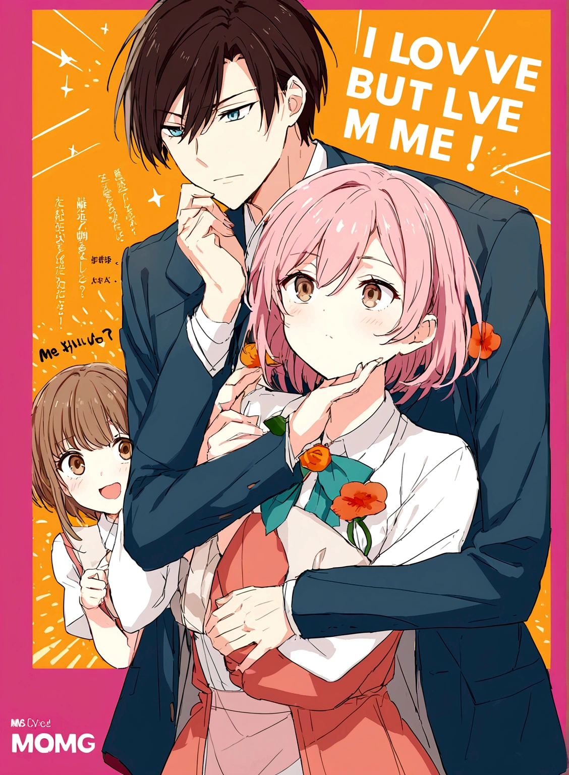 I would like you to create the cover of an anime book featuring a scene involving a young girl with long pink hair and light brown eyes, wearing a long white dress, next to a boy with short white hair and light blue eyes, dressed in a modern style. They are close, him caressing your cheek and exchanging intense looks, as she glares at him with a furious expression. And above the name of the book: I love you, but you love me?
