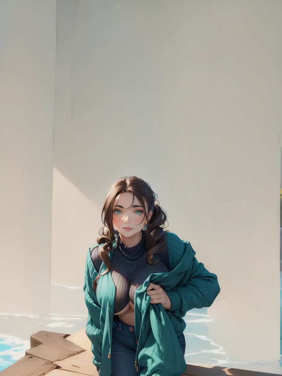 masterpiece, best quality, (1 solo mature woman with brown ponytail), large chest, curvy physique, aqua green eyes, full lips, seductive, smiling, (((wearing navy blue low open sweater))), (((tight jeans))) cleavage, sitting on bed, blushing, (wide hips), (big boobs) showing cleavage, blue sweater, solo, alone (((SOLO))), (((ALONE))),, (bedroom)