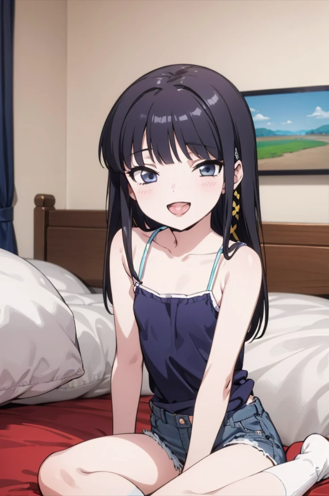 solo, 1girl, looking at viewer, , miyuki shiba, , , looking at viewer, smile,,,spoken heart,,(petite),flat chest,grin,my room,socks,,open mouth,tongue,camisole,denim shorts