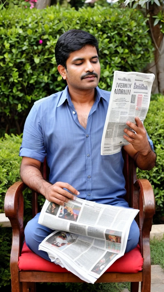 A sexy indian man reading newspapers handsome face, great hair, reading expression , sitting on a chair in garden 