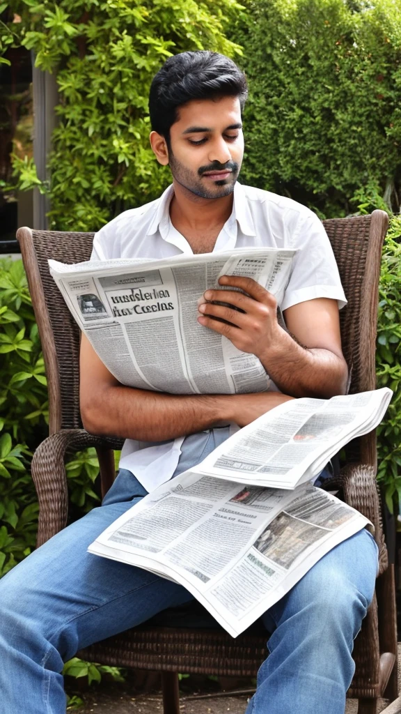 A sexy indian man reading newspapers handsome face, great hair, reading expression , sitting on a chair in garden 