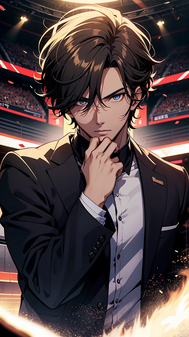 host,television, He is nearby, Anime handsome man, Looking at the audience, high resolution, Super sharp, 8K, masterpiece