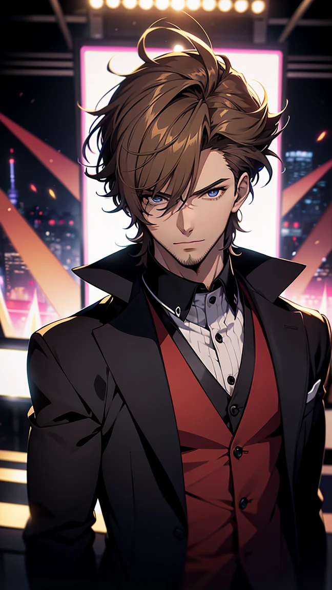 host,television, He is nearby, Anime handsome man, Looking at the audience, high resolution, Super sharp, 8K, masterpiece