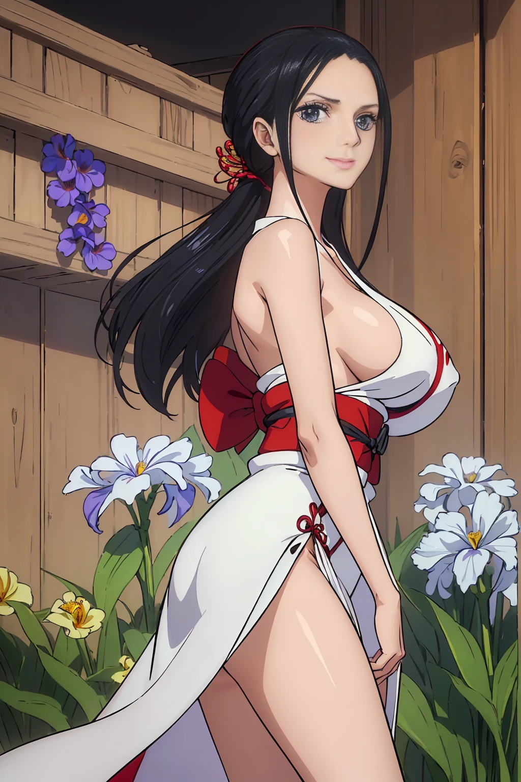 ((((Very nice smile))))、(((おでこを出す:1.5)))、((Direct your gaze this way))、1 girl,NsfW,(one peace wanokuni edition)、((ponytail、Red ribbon on the tie)) 、((they say olobi))、((A very sexy mini kimono dress with a large slit、(((Kimono obi)))、(((The white kimono is decorated with purple iris flowers)))、((Wearing a black haori with a red lining)),Exposed underboob)):1.2, White costume,((Short costume)),(((nico robin))),(ONEPIECE),((Huge breasts 1.8)), clavicle, Glowing purple eyes,absurdists, brainwashing,Hollow Eyes, ((Expressionless, Emotional removal)),avert your eyes , Full body portrait, Outdoor,Dim Alley,night, (highest quality、4K、8K、High resolution、Must have:1.2)、Very detailed、(reality、It is realistic.、Realistic:1.37)、ticker、hyper HD、Studio Lighting、Ultra High Definition Paint、Sharp focus、Physically Based Rendering、Extreme Detail、Professional specifications、Vibrancy and color、Blurred、Sports portrait、landscape、Horror Style、Anime Big Tits、sf、photograph、Concept Artist、Five Fingers, Perfect body, {{{masterpiece}}}, {{{highest quality}}}, {{Very detailed}}, {shape}, {{Very delicate and beautiful}},Improved cost performance、all roles、Canon 5D MK4でphotograph、photograph, ((((The back is surrounded by many flowers on the vast grassland、She is centered in the frontal shot、Surrounded by flowers that cover the background、sun shine、Illuminated by a dazzling light、Heavenly Sunshine))))(((Topless))),((( shirtless))), (((showing us perfect nipples, perfect areola, perfect nipples, estimated bust 88cm)))