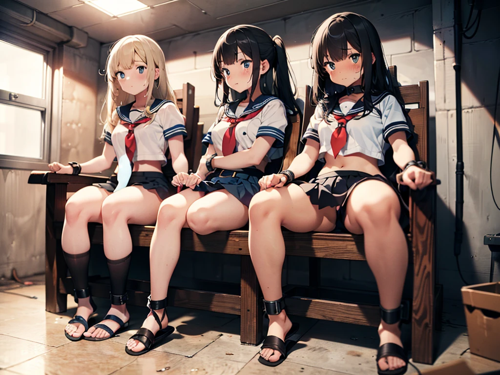 3 girls, strapped to chairs, (inside basement, underground), (bondage chair:1.0), (open legs:1.5), (blushing:1.5), (blushing, terrified), (ankle cuffs, ankles tied, wrist cuffs, wrists tied), arms to the sides, long hair, beautiful eyes, ((short sleeves, tight clothing, sailor uniform, miniskirt, shoeless)), perfect body, perfect face, focus on face, perfect eyes, detailed eyes, centered