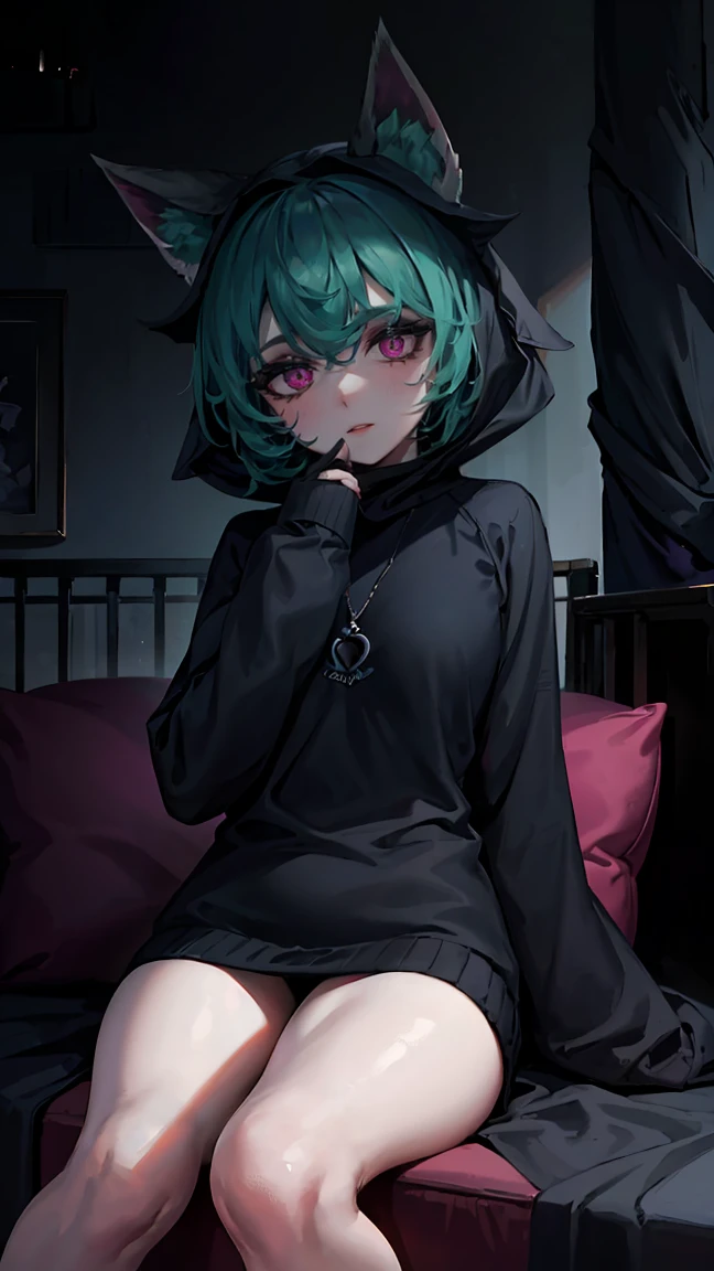 girl, large black sweatshirt, sitting posture, calm look, Sitting in front, legs open, a dark room, evil eyes, sexy pose, erotica, glowing skin, Looking ahead, facial expression