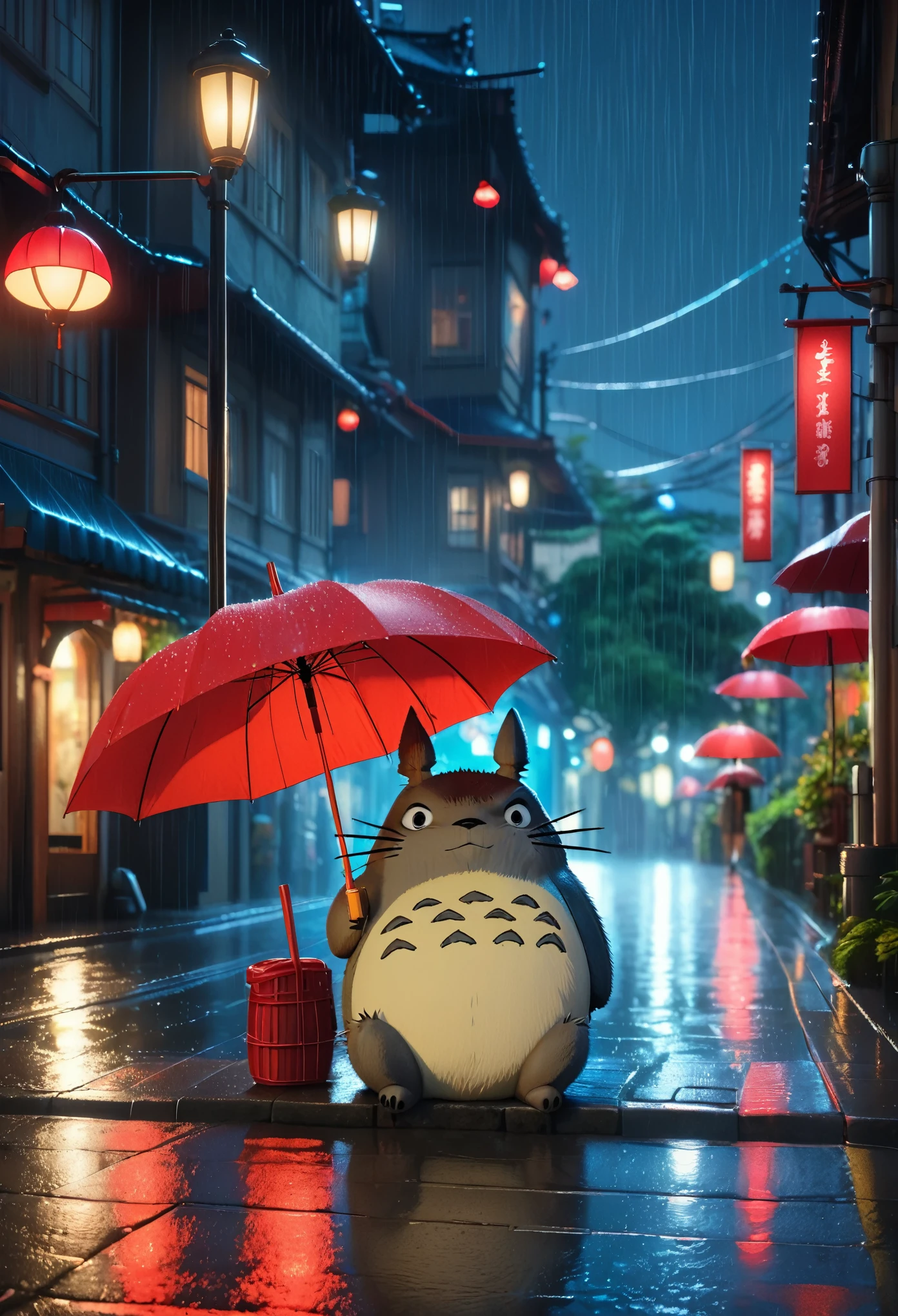 A cute Totoro sitting under a red umbrella on a rainy street at night, detailed lighting, realistic style, cinematic lighting, intricate details, beautiful colors, highly detailed, 8K, photorealistic, masterpiece