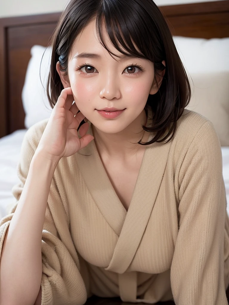 (Highest quality), (masterpiece), highly detailed, A young Riho Yoshioka, wearing a Japanese  uniform, is lying on her back on a bed with her knees raised to her chest, legs wide open, and her vagina, with a penis inserted into it, facing the viewer.,  body, whole body, Eyes that are evenly shaped, Big eyes, Droopy eyes, A dreamy look, Seductive pose, Sweating profusely, Short Hair, Almost flat breasts, she does shy smile, she is blushing, She has a full head of pubic hair, Beautiful Vagina, I am having sex with her, get creampied, She is gasping with her mouth open, A simple background with just a sheet,