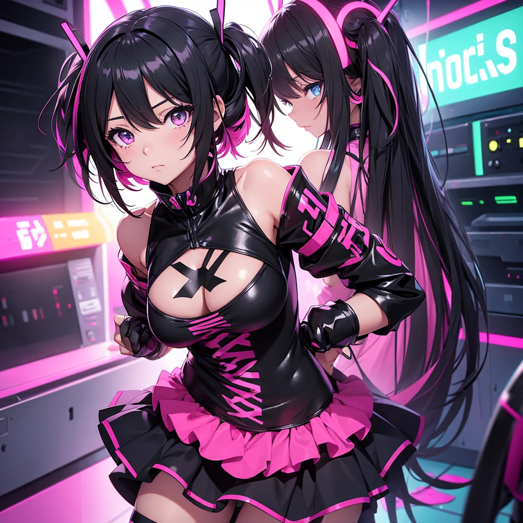 Anime girl in black and neon pink punk costume