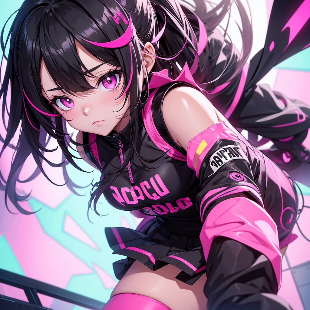 Anime girl in black and neon pink punk costume