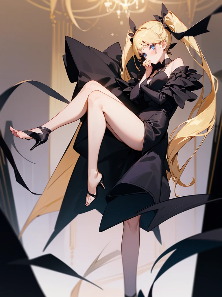 an adult girl, She has two pigtails falling over her shoulders, decorated with black ribbons, SHE HAS BLONDE HAIR, blue eyes and a very elegant and very long black dress for a gala dinner with a cut that allows her to show her leg, wears beautiful evening makeup, He is at a gala party having a glass of champagne, full body image