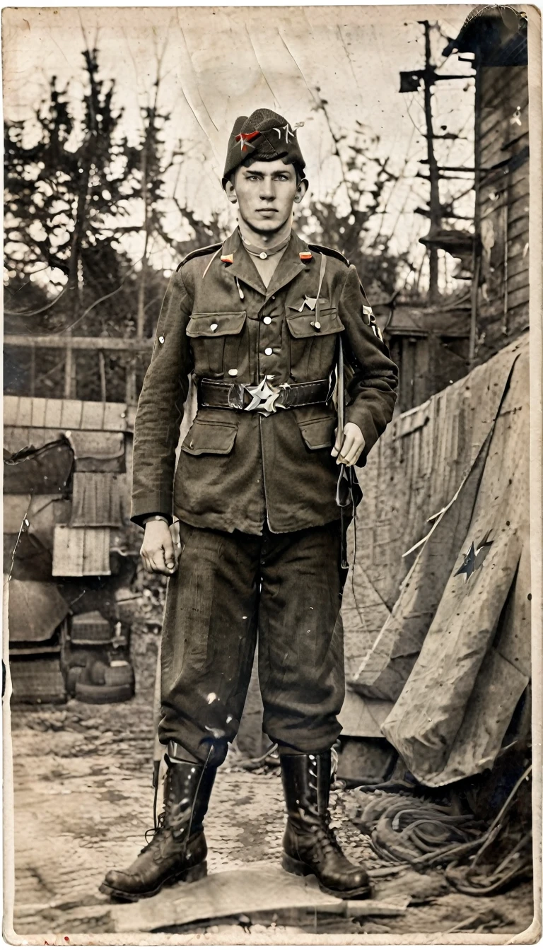 Year 1939, Young man aged 17-18 years , Dark green jacket, red turtleneck, The jacket has a red four-pointed star on the lapel., Always wear a black vest., Wearing light green M35 Harovari pants.,, Military boots, Wear a Soviet Pilotka Cap.(clamp cap) There is a red star attached to it., Eastern Slavic faces(Soviet Union), Soviet Union, World War II, ww2 old pictures, ww2 military camp