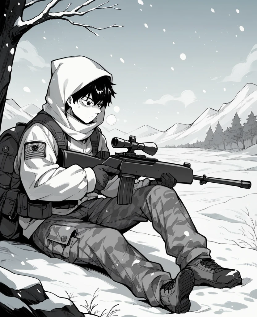 Teenage boy, short black hair, stylized eyes, wearing military snow camouflage clothing, wearing white hood, holding a sniper rifle, with a cold and calculating face, with a sitting position in the snow, Snowing scenery. Monochrome manga style art.