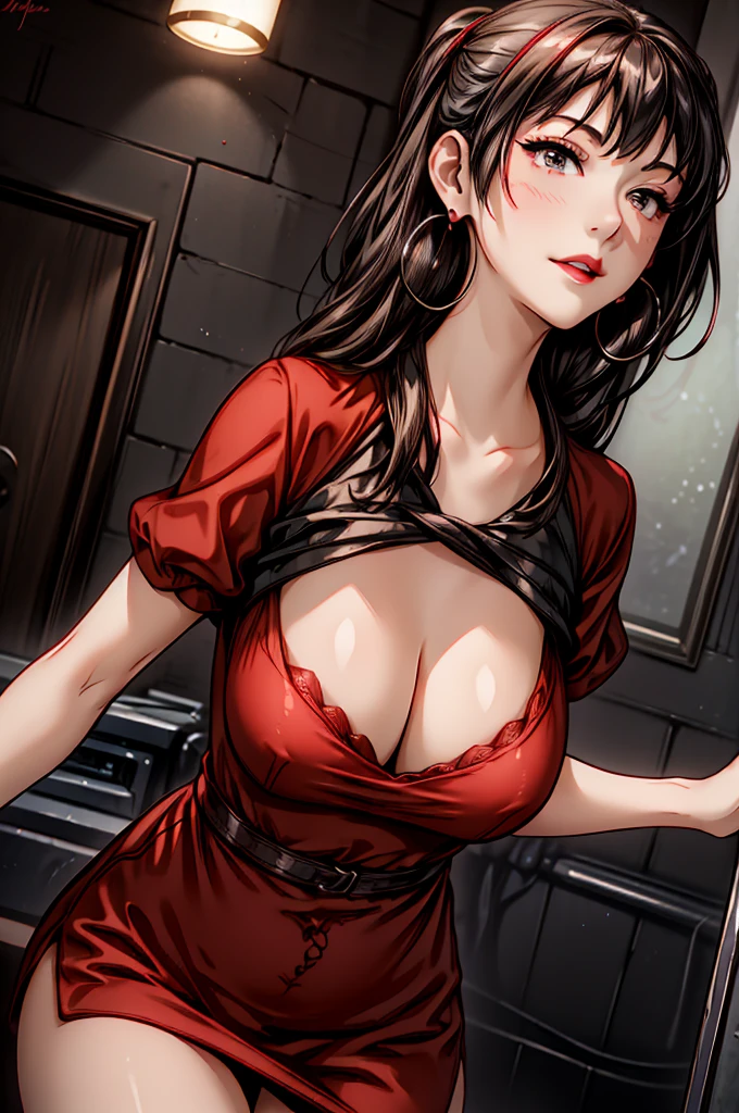 (8K HDR photorealistic pic), Betty Boop, short, althetic, curvy lady, ((tight little red dress)), dark eyebrows, black lipstick, (hoop earrings), dark eyeshadow, black lipstick, curvy, busty, (curly short black hair), shortstack, (retroussé breasts), darling figure, (supple pouting breasts), firm thighs, hourglass figure, kerchief, big brown eyes, dancing seductively