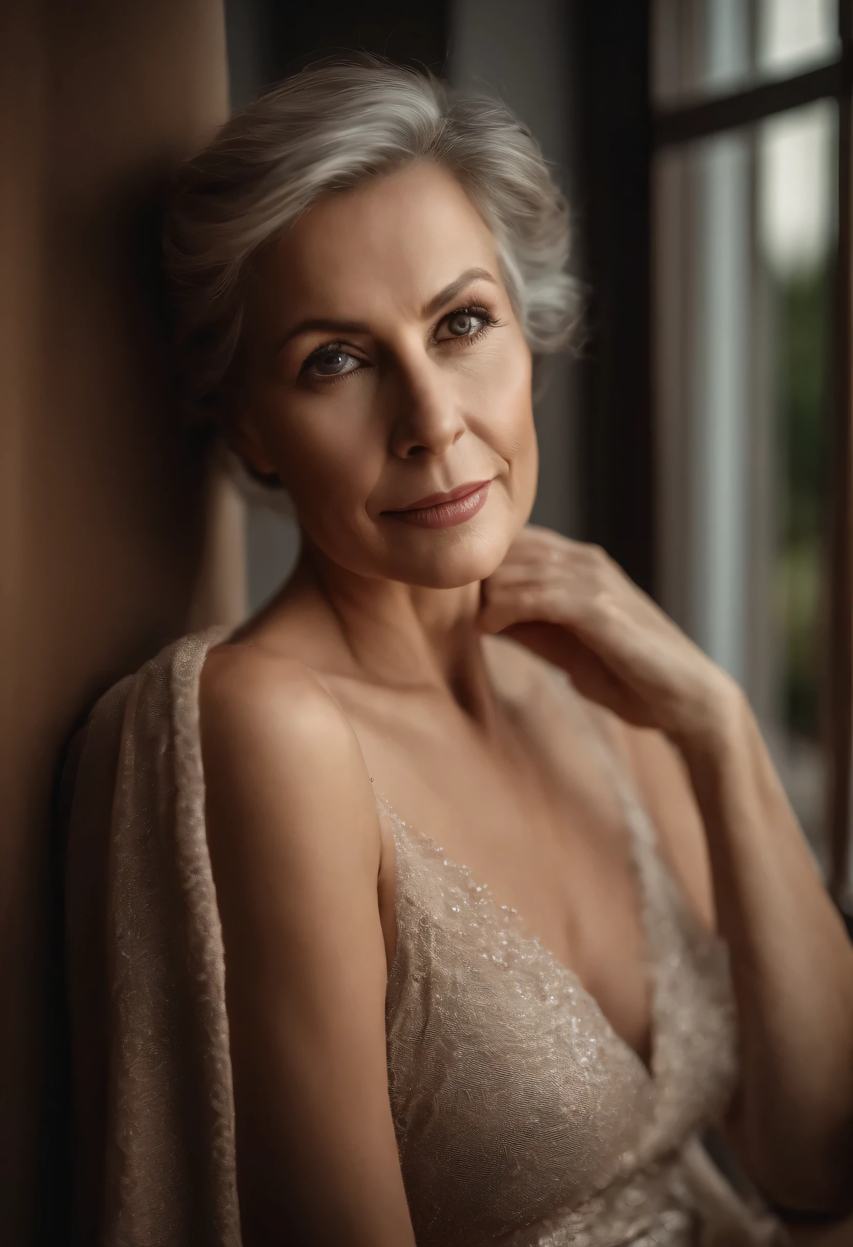 Elderly woman Arafed, 45 years old, topless and underwear., Sexy girl with brown eyes, Brown hair and big eyes, A selfie of a young woman, room eyes, without makeup, natural makeup, Look straight into the camera, Makeup with Artgram, delicate makeup, Great full-body photos, in the room, rift