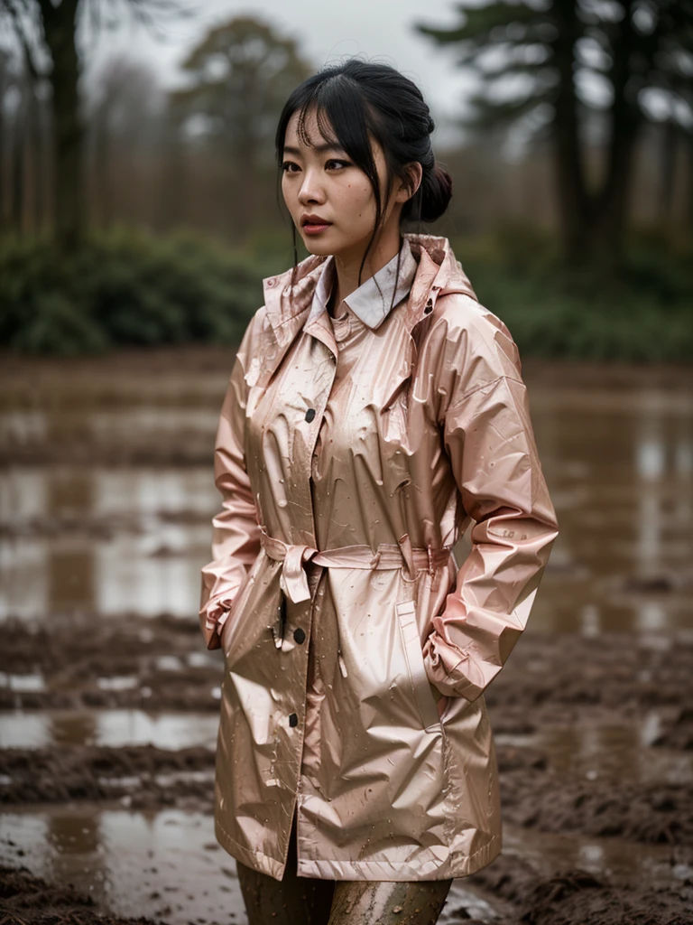 a beautiful young asian woman wearing a pink buttoned raincoat, her clothes and raincoat covered in mud, walking through a muddy field, (best quality,4k,8k,highres,masterpiece:1.2),ultra-detailed,(realistic,photorealistic,photo-realistic:1.37),HDR,UHD,studio lighting,ultra-fine painting,sharp focus,physically-based rendering,extreme detail description,professional,vivid colors,bokeh,portrait,realistic,photographic,natural lighting,muddy environment,rainy day