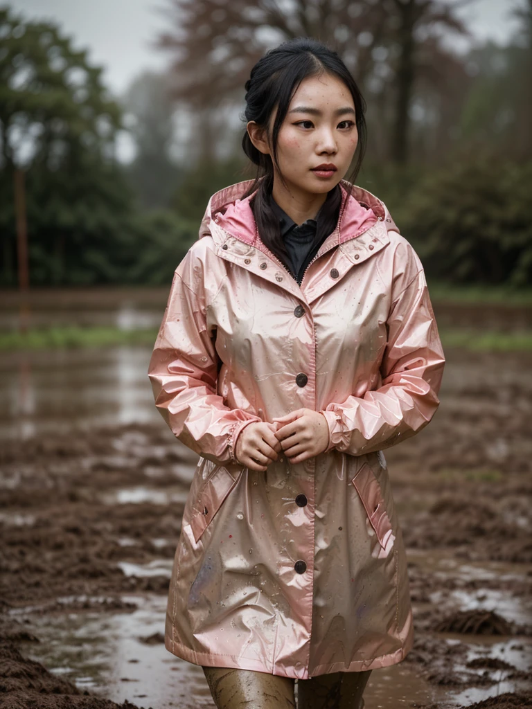 a beautiful young asian woman wearing a pink buttoned raincoat, her clothes and raincoat covered in mud, walking through a muddy field, (best quality,4k,8k,highres,masterpiece:1.2),ultra-detailed,(realistic,photorealistic,photo-realistic:1.37),HDR,UHD,studio lighting,ultra-fine painting,sharp focus,physically-based rendering,extreme detail description,professional,vivid colors,bokeh,portrait,realistic,photographic,natural lighting,muddy environment,rainy day