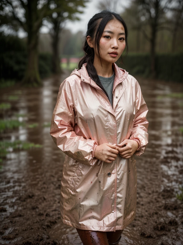 a beautiful young asian woman wearing a pink buttoned raincoat, her clothes and raincoat covered in mud, walking through a muddy field, (best quality,4k,8k,highres,masterpiece:1.2),ultra-detailed,(realistic,photorealistic,photo-realistic:1.37),HDR,UHD,studio lighting,ultra-fine painting,sharp focus,physically-based rendering,extreme detail description,professional,vivid colors,bokeh,portrait,realistic,photographic,natural lighting,muddy environment,rainy day