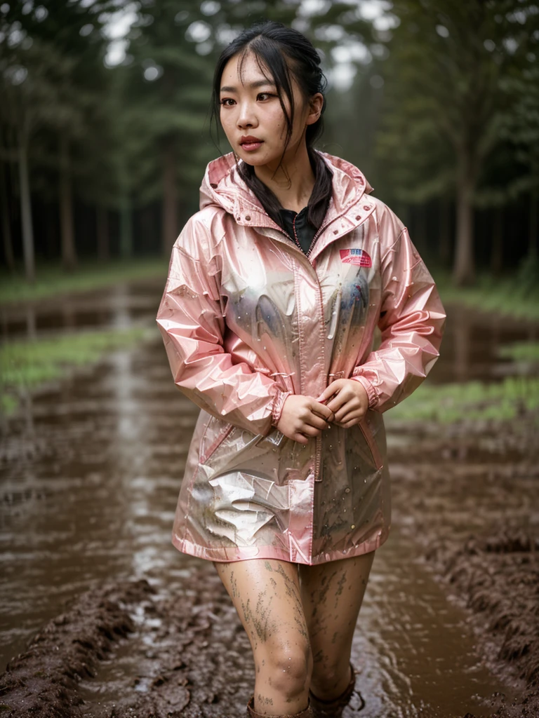 a beautiful young asian woman wearing a pink buttoned raincoat, her clothes and raincoat covered in mud, walking through a muddy field, (best quality,4k,8k,highres,masterpiece:1.2),ultra-detailed,(realistic,photorealistic,photo-realistic:1.37),HDR,UHD,studio lighting,ultra-fine painting,sharp focus,physically-based rendering,extreme detail description,professional,vivid colors,bokeh,portrait,realistic,photographic,natural lighting,muddy environment,rainy day