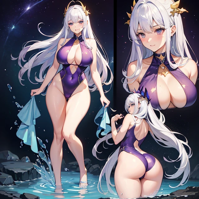 (Very detailed best high quality image, very detailed background, very detailed character and image) character alone, multiple views: front view, back view
1elfwomanmilf: silver hair, long spiky messed silver hair with golden ahoge, purple eyes, pointy short ears, pale white skin, very beautiful face, absolute beauty, voluptuous figure, big breats, big butt, slender beautiful arms, beautiful legs, seductive smile, seductive eyes, (purple and golden one-piece swimsuit, holding with one hand a pink towel)
Scene: she stands at a beautiful pink and green natural garden with a golden fountain with clean water