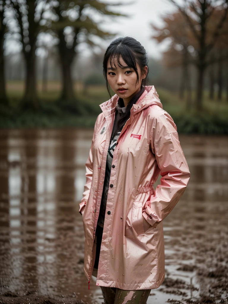 a beautiful young asian woman wearing a pink buttoned raincoat, her clothes and raincoat covered in mud, walking through a muddy field, (best quality,4k,8k,highres,masterpiece:1.2),ultra-detailed,(realistic,photorealistic,photo-realistic:1.37),HDR,UHD,studio lighting,ultra-fine painting,sharp focus,physically-based rendering,extreme detail description,professional,vivid colors,bokeh,portrait,realistic,photographic,natural lighting,muddy environment,rainy day
