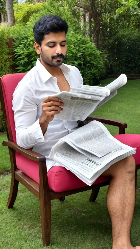 A sexy indian man reading newspapers handsome face, great hair, reading expression , sitting on a chair in garden , nsfw, homoerotic, penis 