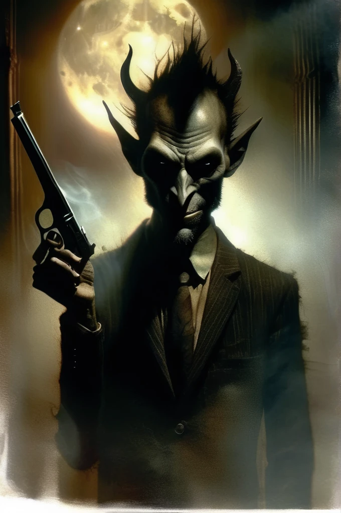 Dave McKean Style - The CORINTHIAN Daemon character Dramatic dynamic portrait Dave McKean Art Style eerie atmosphere Grimdark gritty texture,, subtle hints of gore in mouth corner, teeth in orbital sockets,,holding a revolver pistol, with smoking barrel. 