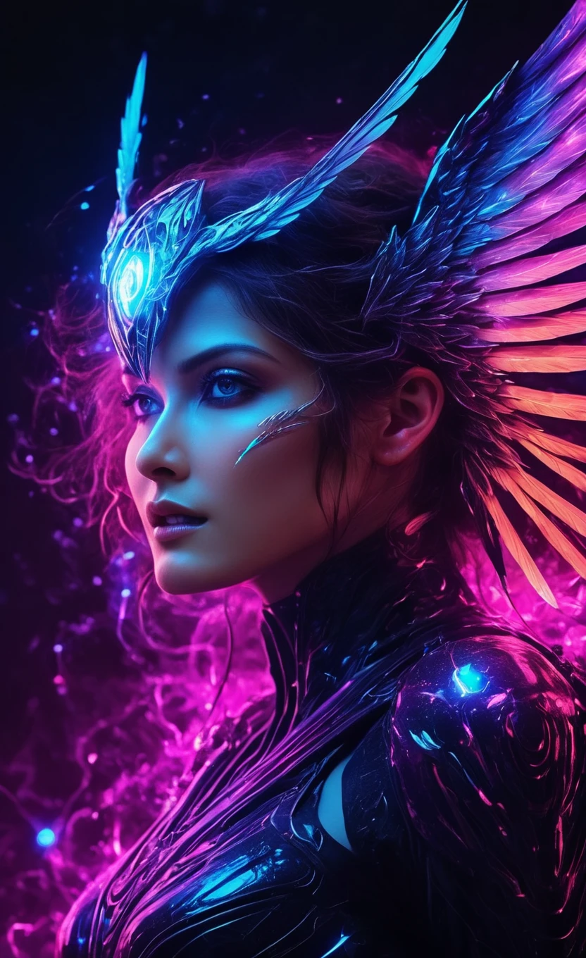 nanx, cosmic fallen angel, glowing light eyes, Biomechanicals, weirdcore, frightful, nightmarish, very bright colors, light particles, with bright light, Mshiff, Wallpaper Art, UHD Wallpaper