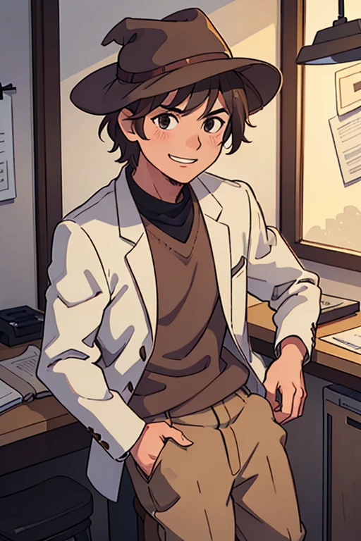 (best qualityer:0.8) perfect anime illustration, a handsome, boy, brown wizard hat, brown shirt, Brown pants, Grinning