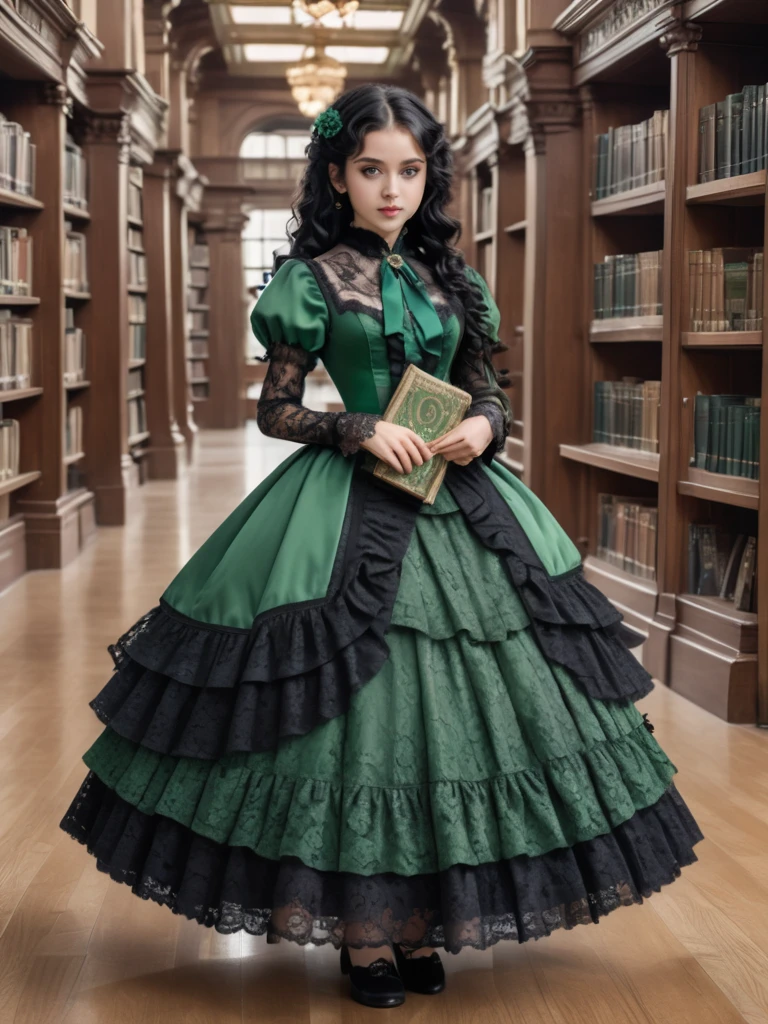 8k, masterpiece, highly detailed,
1girl wearing an emerald green (victorian dress), black hair, ringlets, green eyes,
full body, head tilt, holding a book, library, black lace