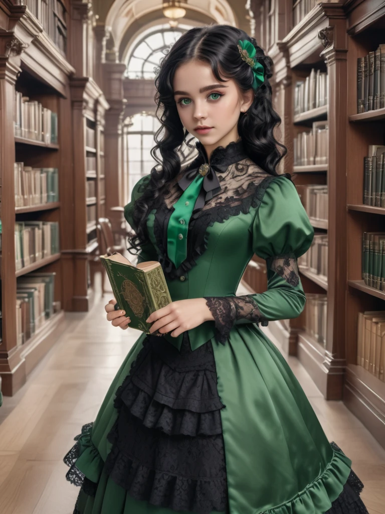 8k, masterpiece, highly detailed,
1girl wearing an emerald green (victorian dress), black hair, ringlets, green eyes,
full body, head tilt, holding a book, library, black lace
