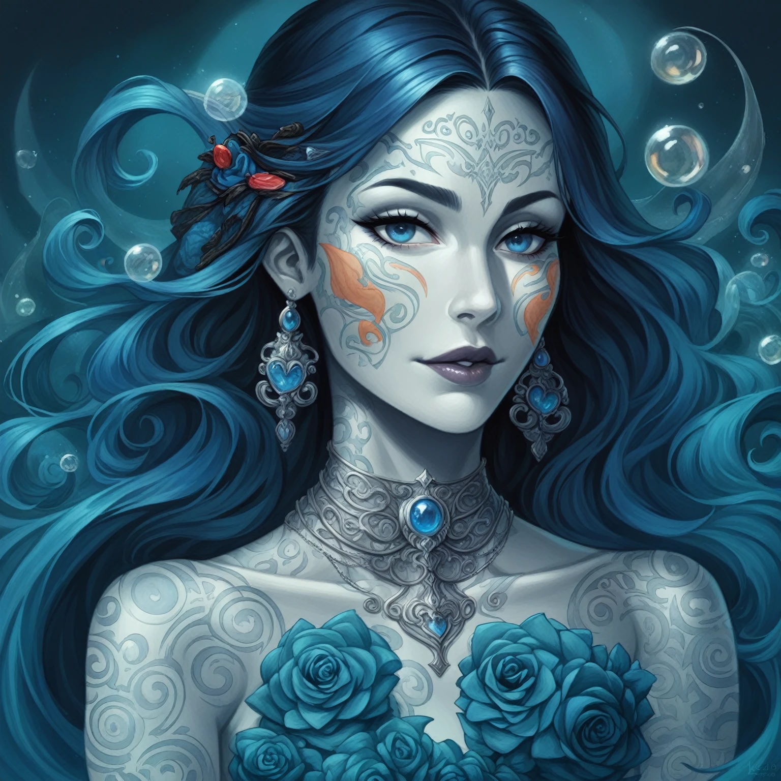 woman with blue hair and tattoos on her face, karol bak uhd, beautiful portrait in fantasy style, beautiful art uhd 4 k, exquisite digital illustration, Highly detailed 4K digital art, gorgeous digital art, beautiful artwork illustration, detailed fantasy digital art, stunningly beautiful art, Fantasy close-up with water magic, beautiful detailed fantasy, detailed matte fantasy portrait