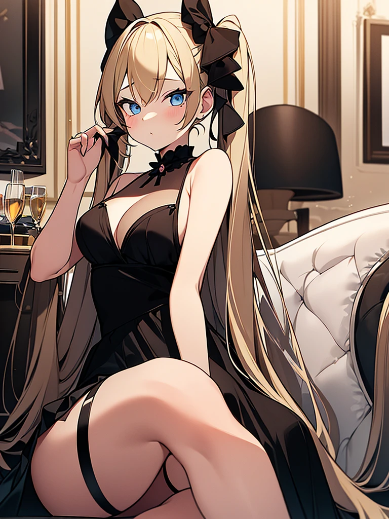 an adult girl, She has two pigtails falling over her shoulders, decorated with black ribbons, SHE HAS BLONDE HAIR, blue eyes and a very elegant and very long black dress for a gala dinner with a cut that allows her to show her leg, wears beautiful evening makeup, He is at a gala party having a glass of champagne, full body image