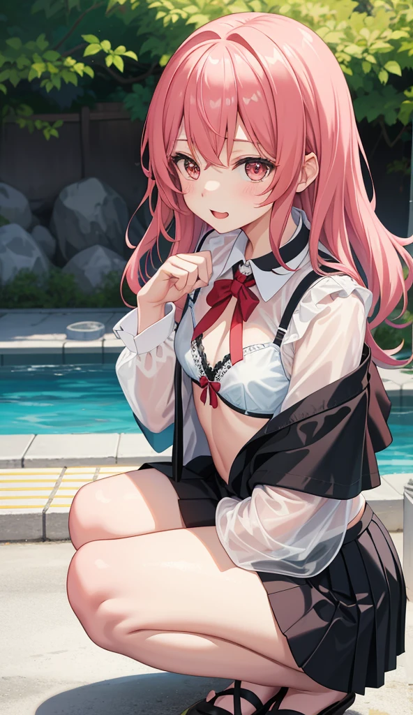 One Girl、AS-Adult、Laughter、(Tsundere)、shirt、Skirt、(Small Tits)Chirarizum、Japanese high 、Seraphim、Summer clothes、(See-through bra)、Upper body portrait、Cute Underwear、Squatting bench、