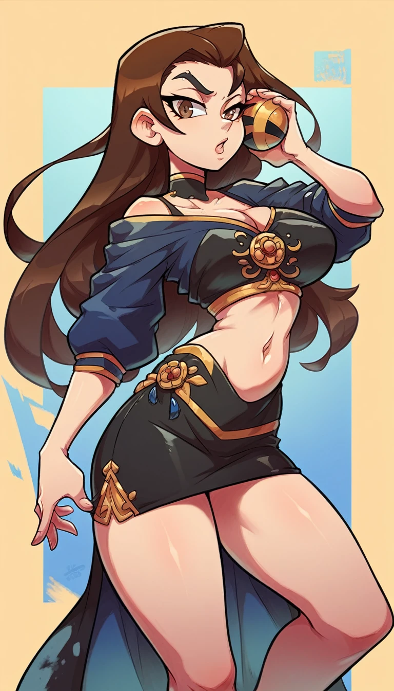 a sexy girl big breast beautiful beauty brown hair long two hair ball asian style her brown eye big black eyebrow dresses kung fu bra black metallic line golden edge shows navel and a black metallic skirt long piece shows leg thighs big sensual blue heel