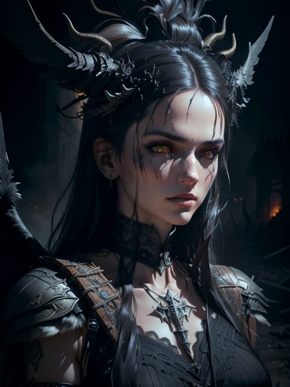 Studio photo of a 25 year old Croatian woman in traditional clothing (best quality, high resolution, realism: 1.37), detailed eyes, American Horror Story.*STRANGE.*A merging (extremely sinister) masterpiece (in the style of Anna Dittmann and Luis Royo).*An extreme epic 3D atomic fractal. *SHARPNESS.*CMYK matte 3D image. Precise details, unearthly atmosphere, accentuated volumetric lighting, depth of field, Unity render 5 quality, horror theme with liquid fog and a mysterious humorous wrapper. * An epic masterpiece of photorealistic style from Alexi Brilot, Jeremy Mann and Luis Royo. A charming illustration depicting a beautiful Valkyrie with wings, decorated with twisted horns, a fur-covered body and hooves, standing triumphantly in the fiery depths of Hell. The temple of Satan with its gloomy and menacing architecture is depicted in the background. Valkyrie wields a pitchfork made of twisted metal and torments souls. The scene is filled with chaos as the surroundings are engulfed in flames and smoke, creating a hellish landscape of suffering and darkness. photo