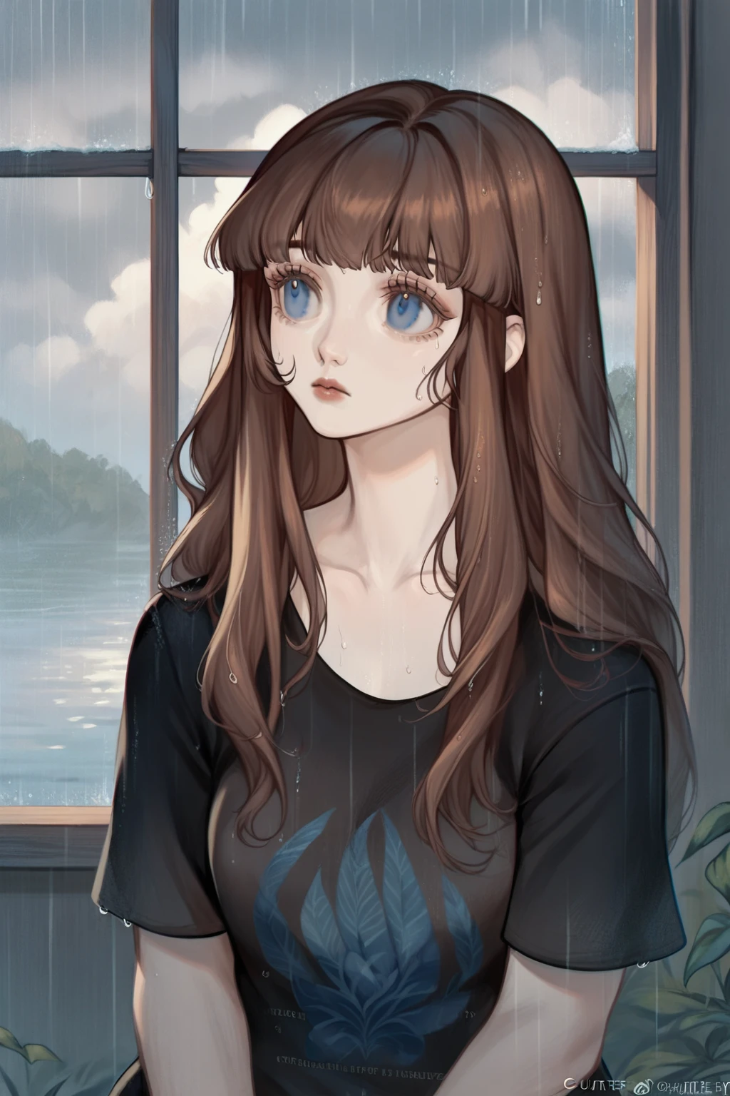1 girl, CuteStyle, upper body, blue eyes, long hair with bangs, brown hair, looks away, sits on the windowsill, cloudy weather, black clouds, rain outside the window, water drops on the window, gray shades, dressed in a black T-shirt, big hips, sad look, red tulle, detailed, beautiful, delicate tones
